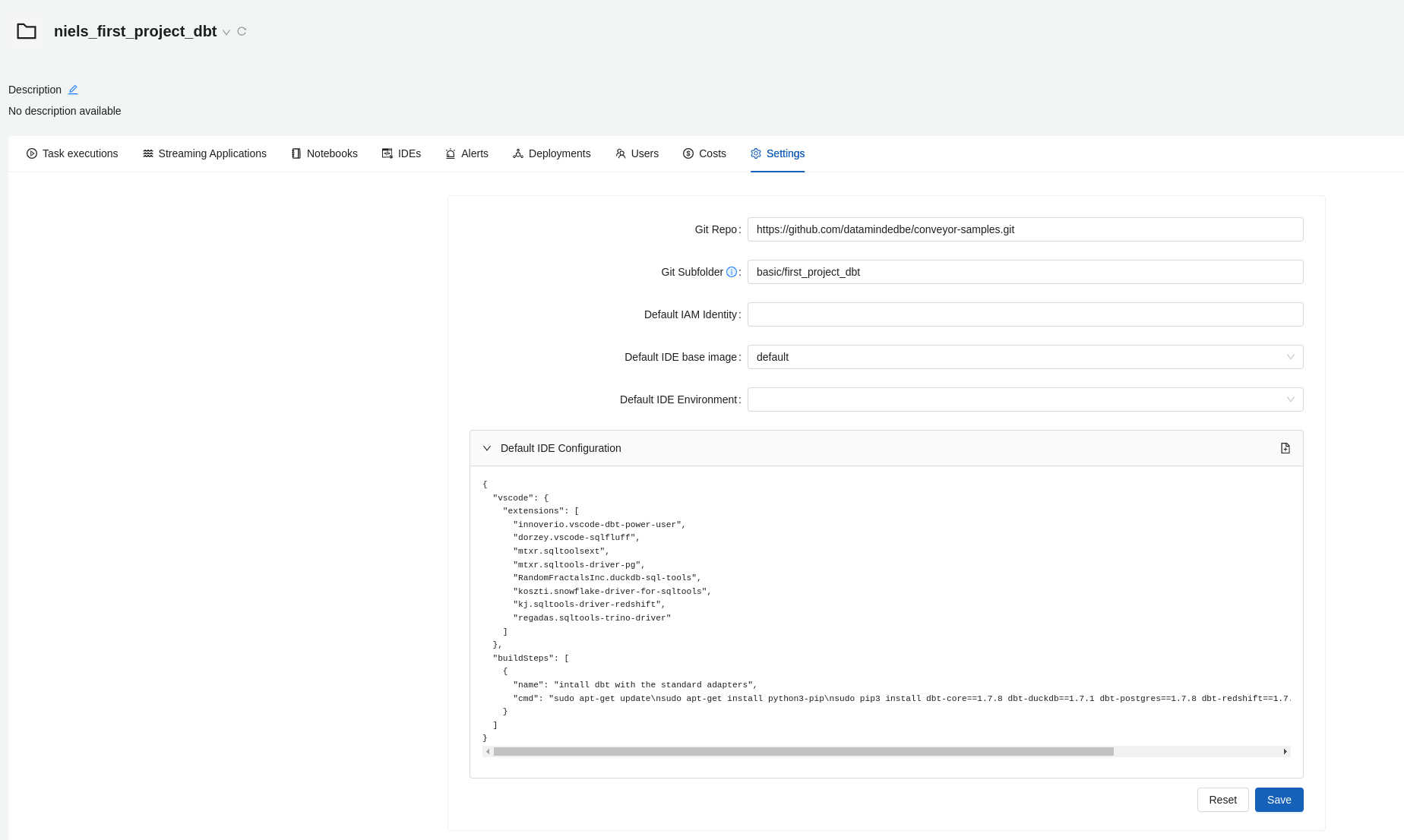 IDE configuration settings