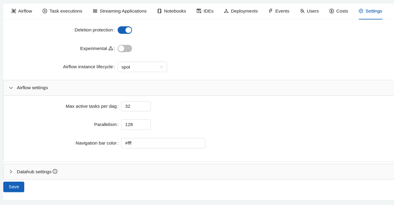 Airflow settings in the Conveyor UI