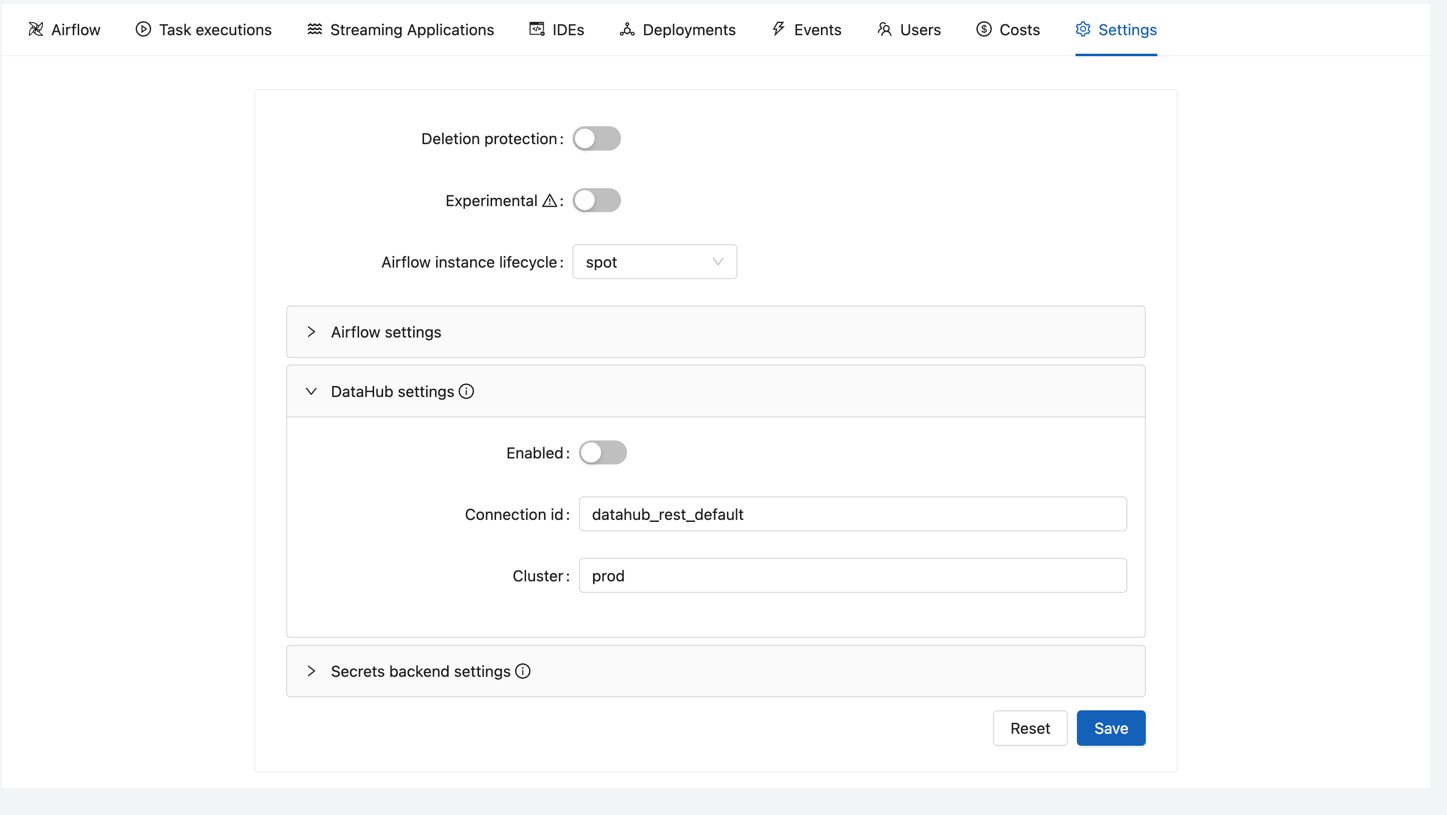 DataHub settings in the Conveyor UI