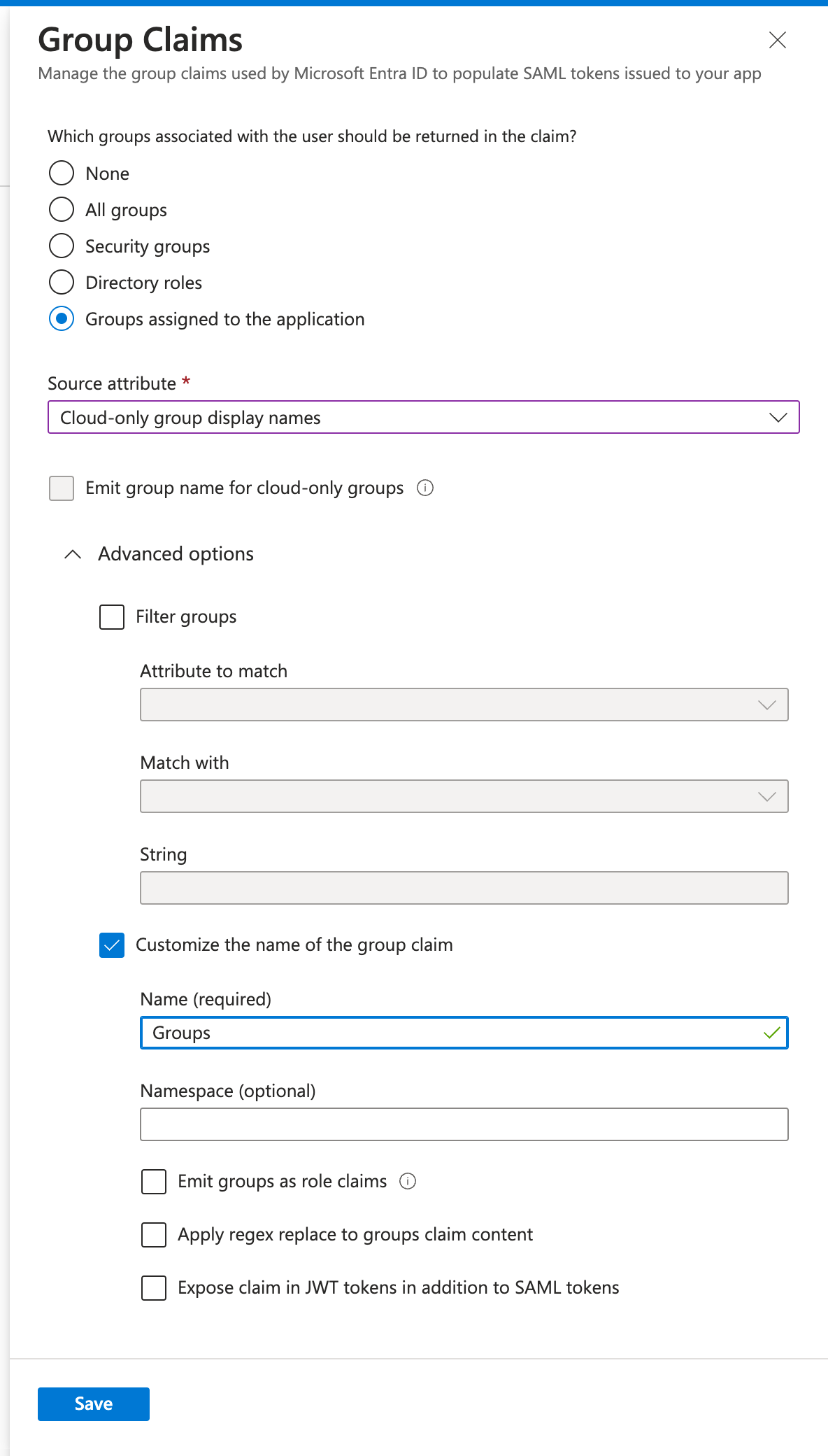 Configuring the group claims in Azure